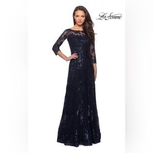 La Femme Navy Bateau Neck Shimmering Sequin Lace Floor Length A-Line Gown